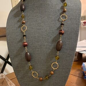 Elegant Wooden and Green Glass Bead Necklace with Gold Tone Accents